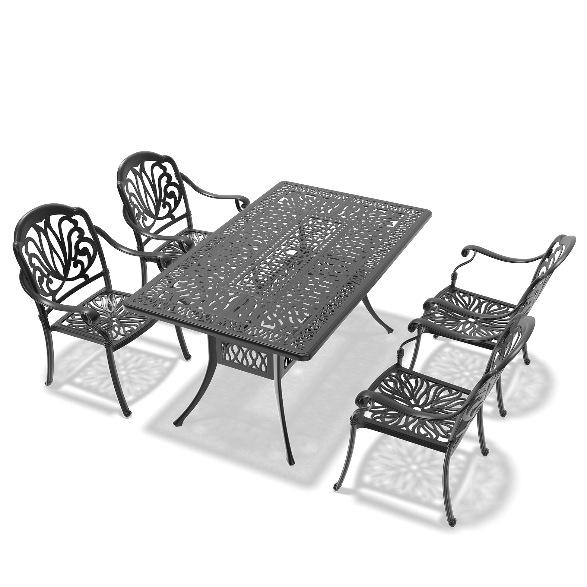 Black cast iron patio dining set with ornate floral details and four chairs