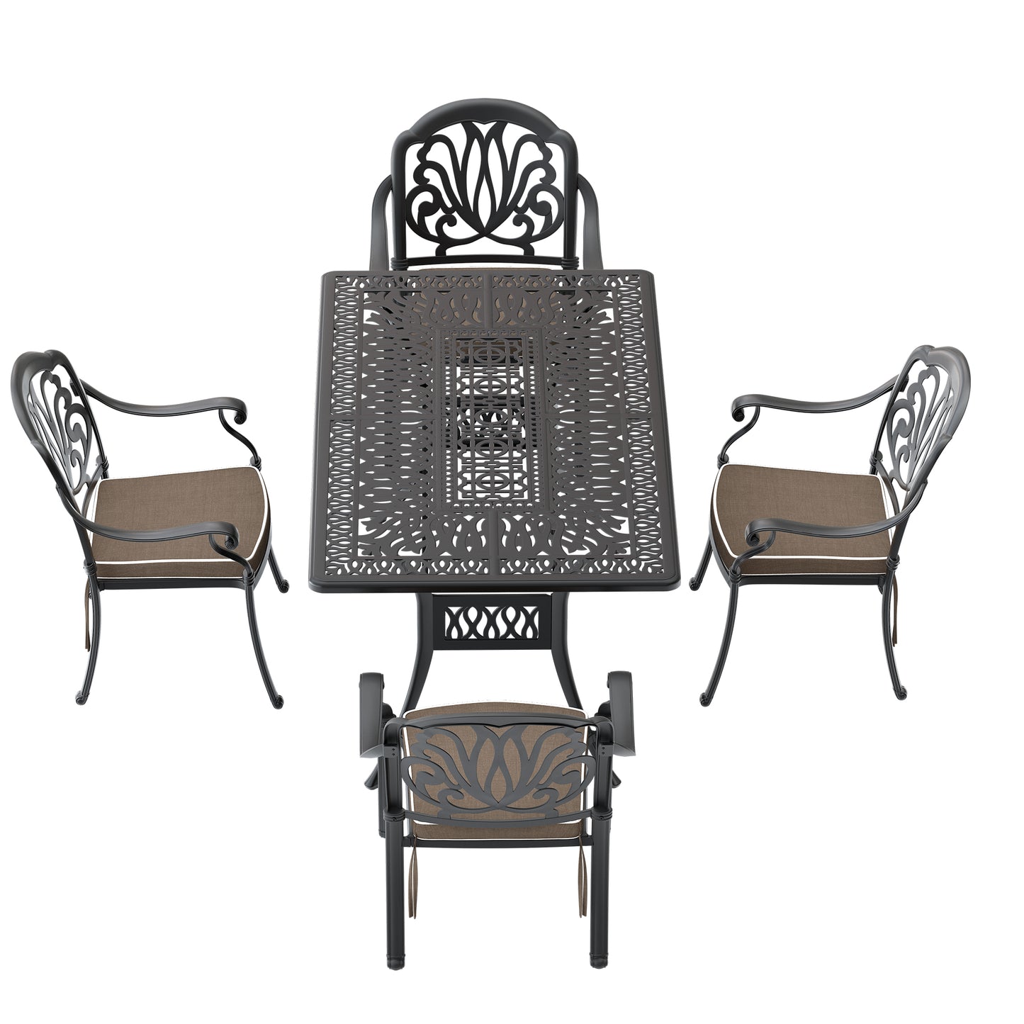 Ornate cast iron bistro set with four chairs and a square table in dark bronze finish