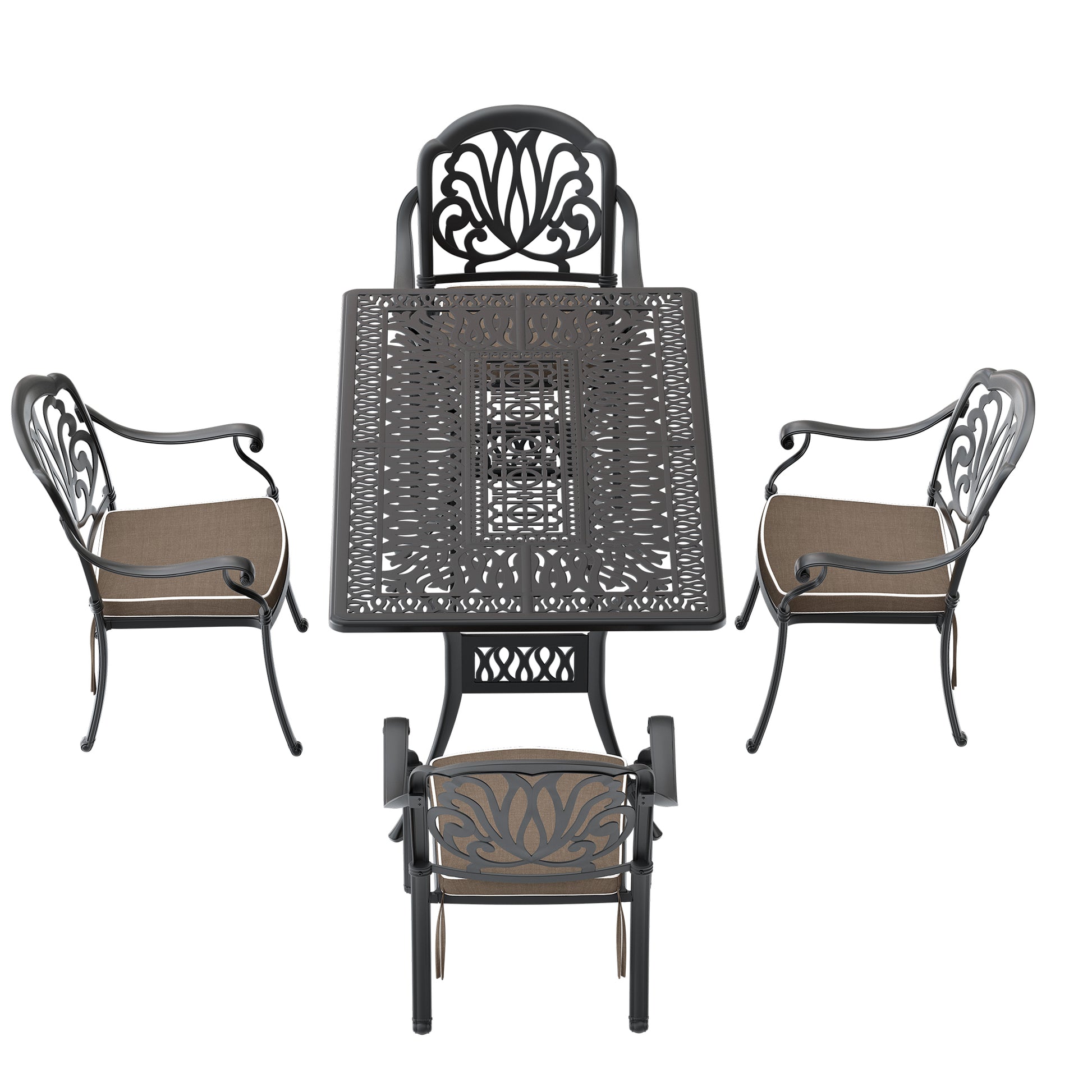 Ornate cast iron bistro set with four chairs and a square table in dark bronze finish