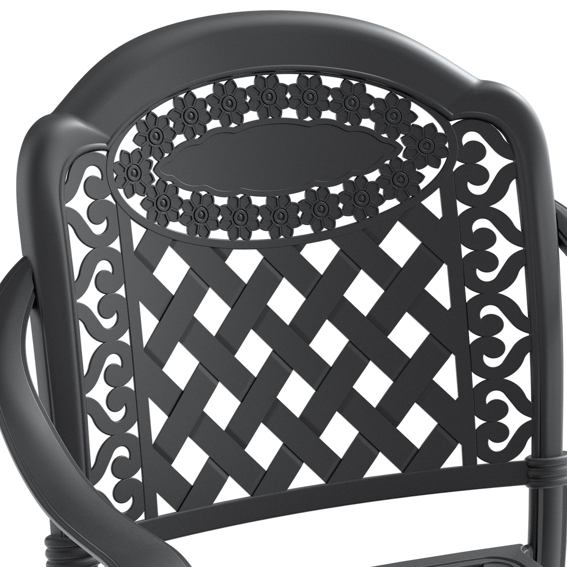 Black cast aluminum outdoor dining chair with intricate floral backrest and woven seat detail