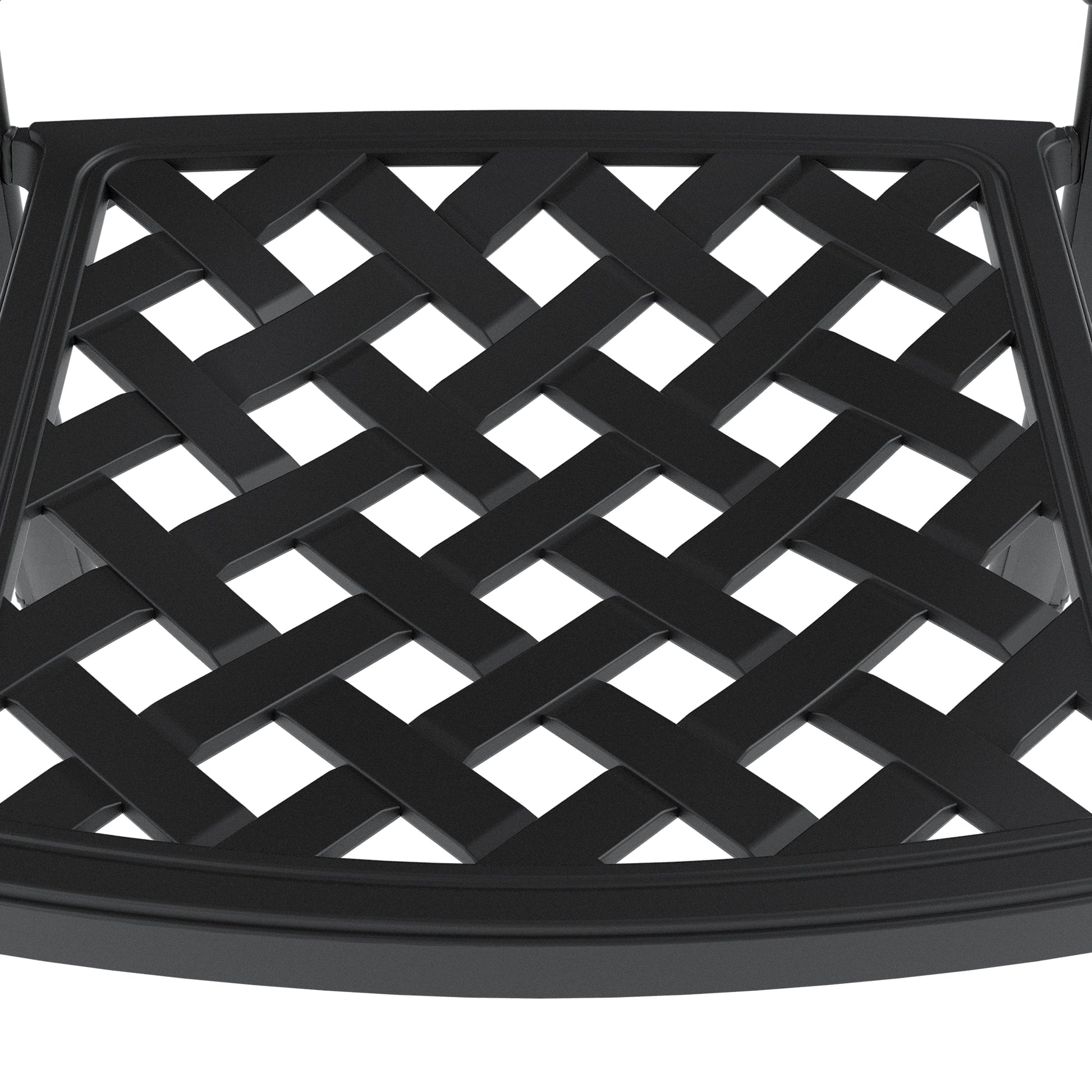 Closeup of a black metal chair seat with a woven lattice design
