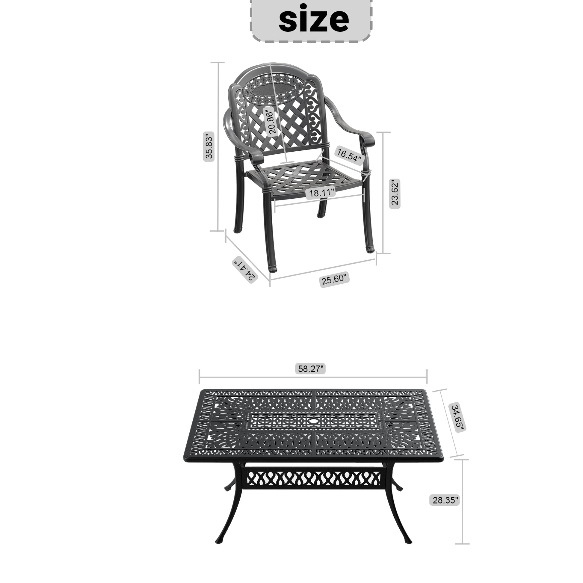 Black ornate cast aluminum outdoor chair with intricate lattice backrest and armrests