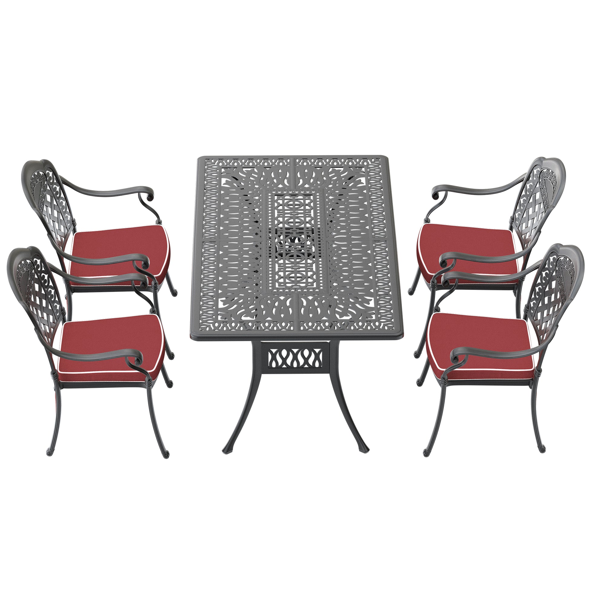 Ornate black cast iron patio dining set with four chairs and red cushions