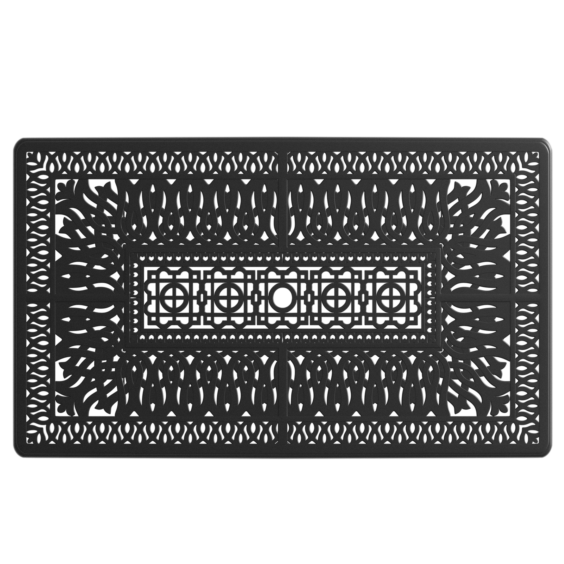 Black cast iron rectangular outdoor table with ornate scrollwork detailing