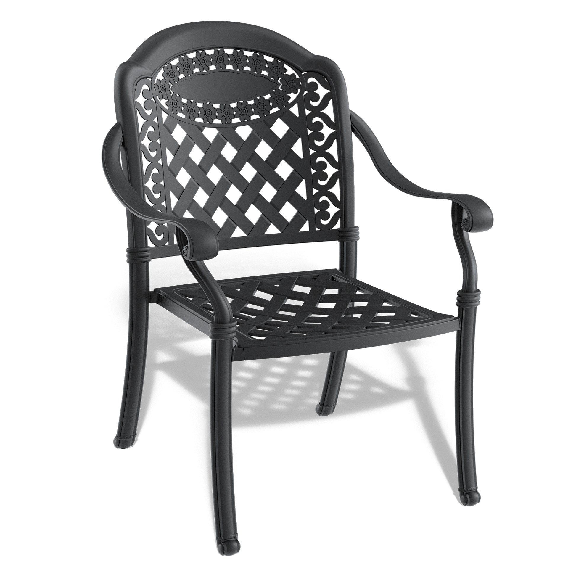 Black ornate cast aluminum patio chair with diamond pattern seat