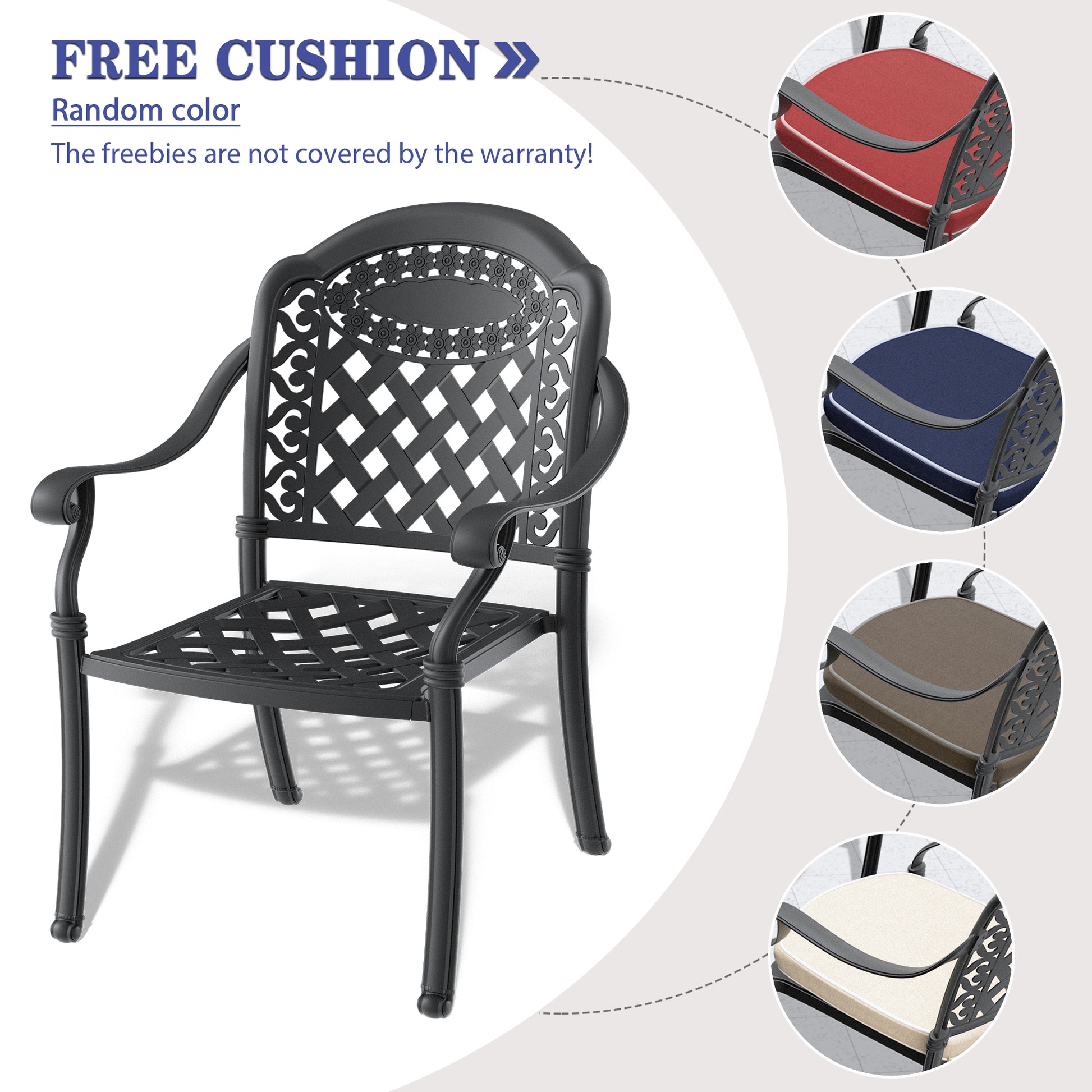 Black cast aluminum patio chair with ornate backrest and woven seat