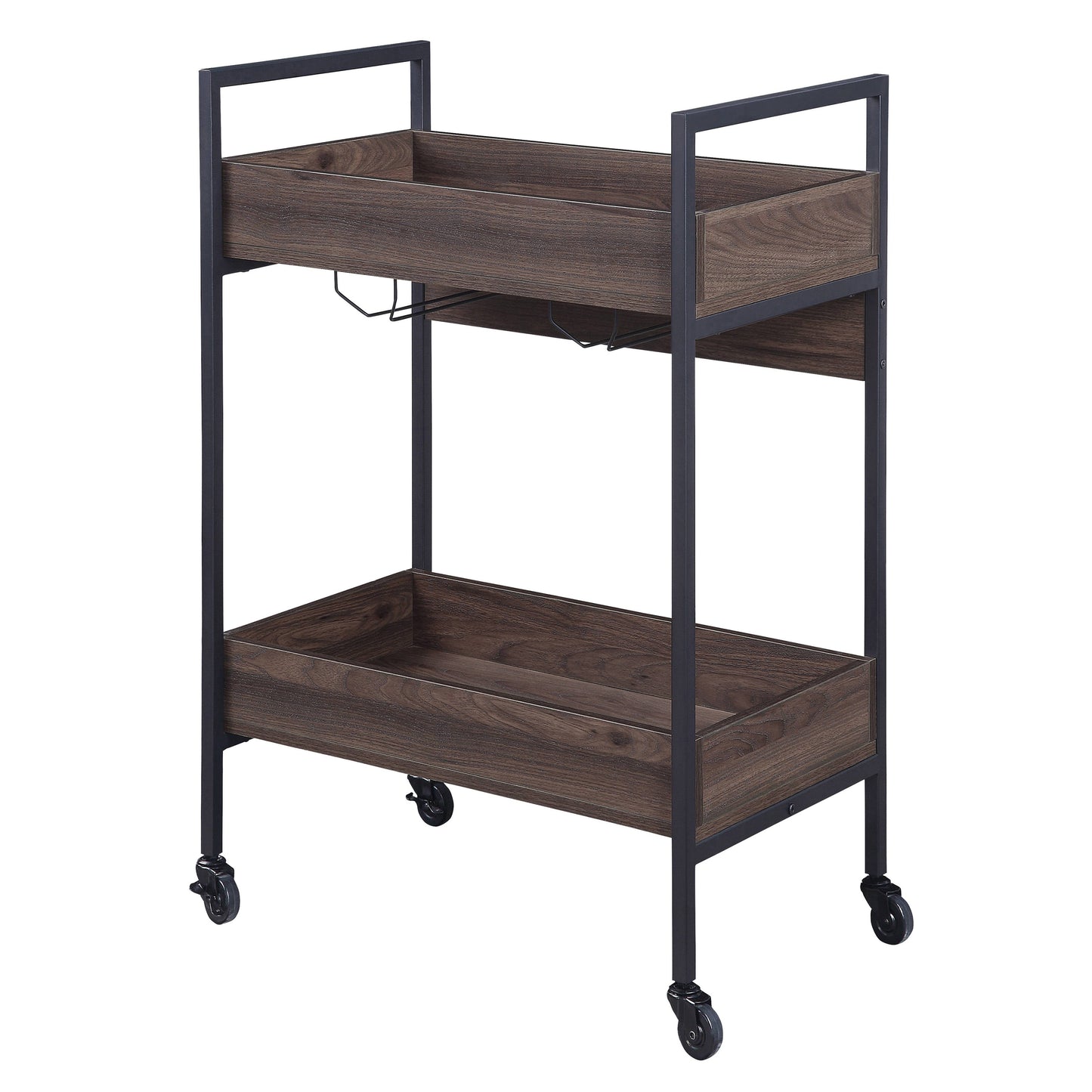 Dark wood twotier bar cart with black metal frame and wheels