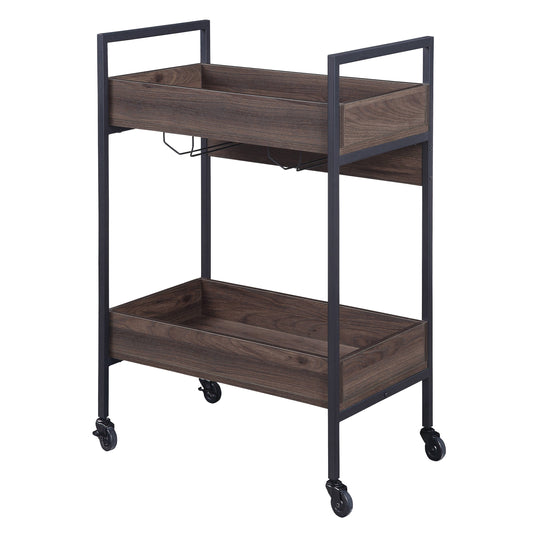 Dark wood twotier bar cart with black metal frame and wheels