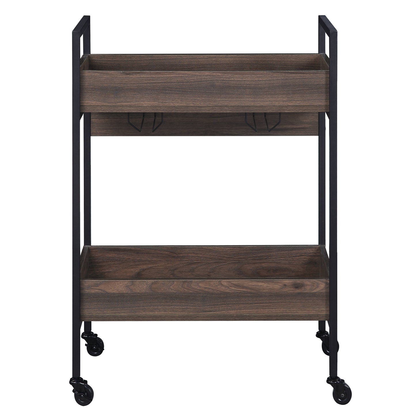 Dark wood serving cart with black metal frame and wheels ideal for home bar use