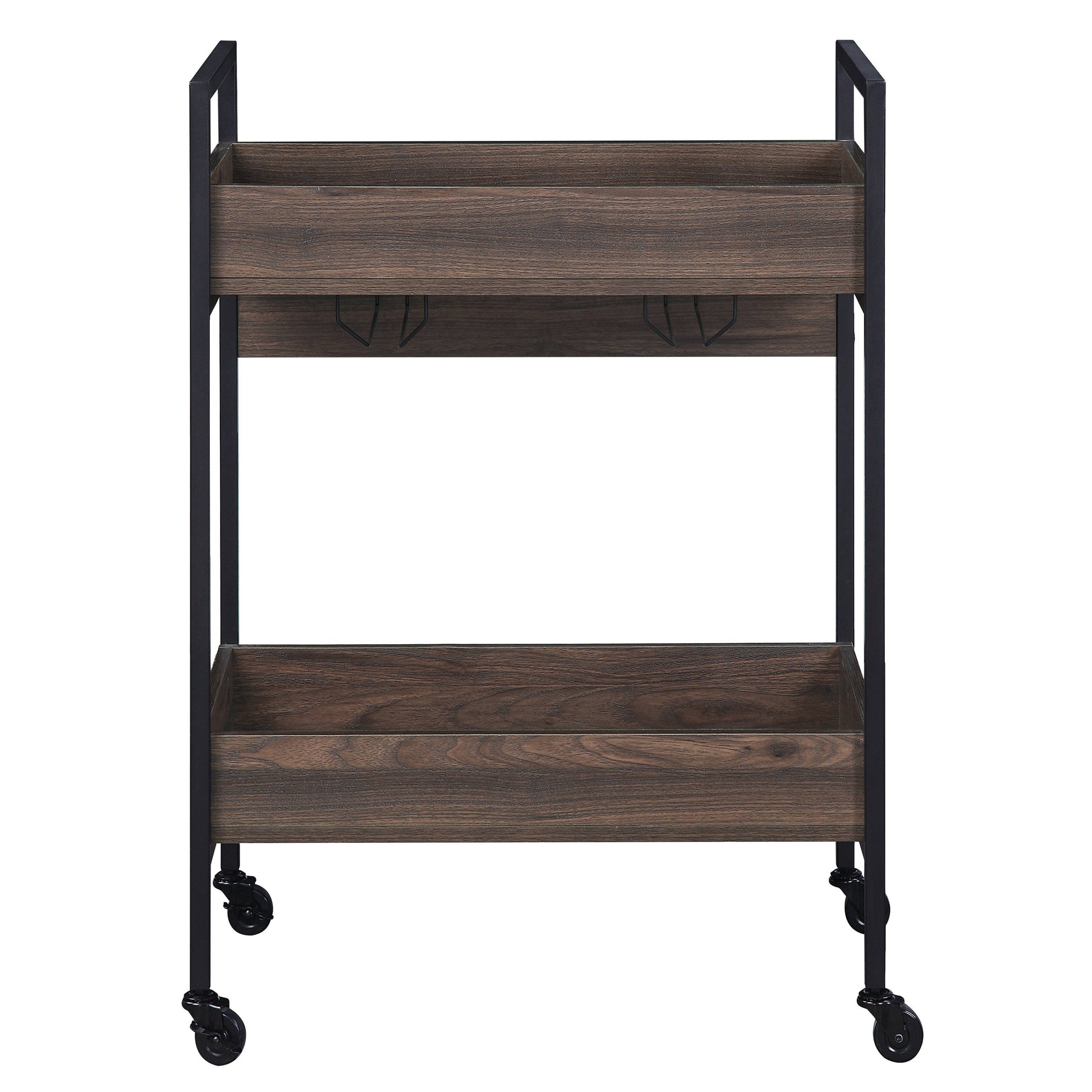 Dark wood serving cart with black metal frame and wheels ideal for home bar use