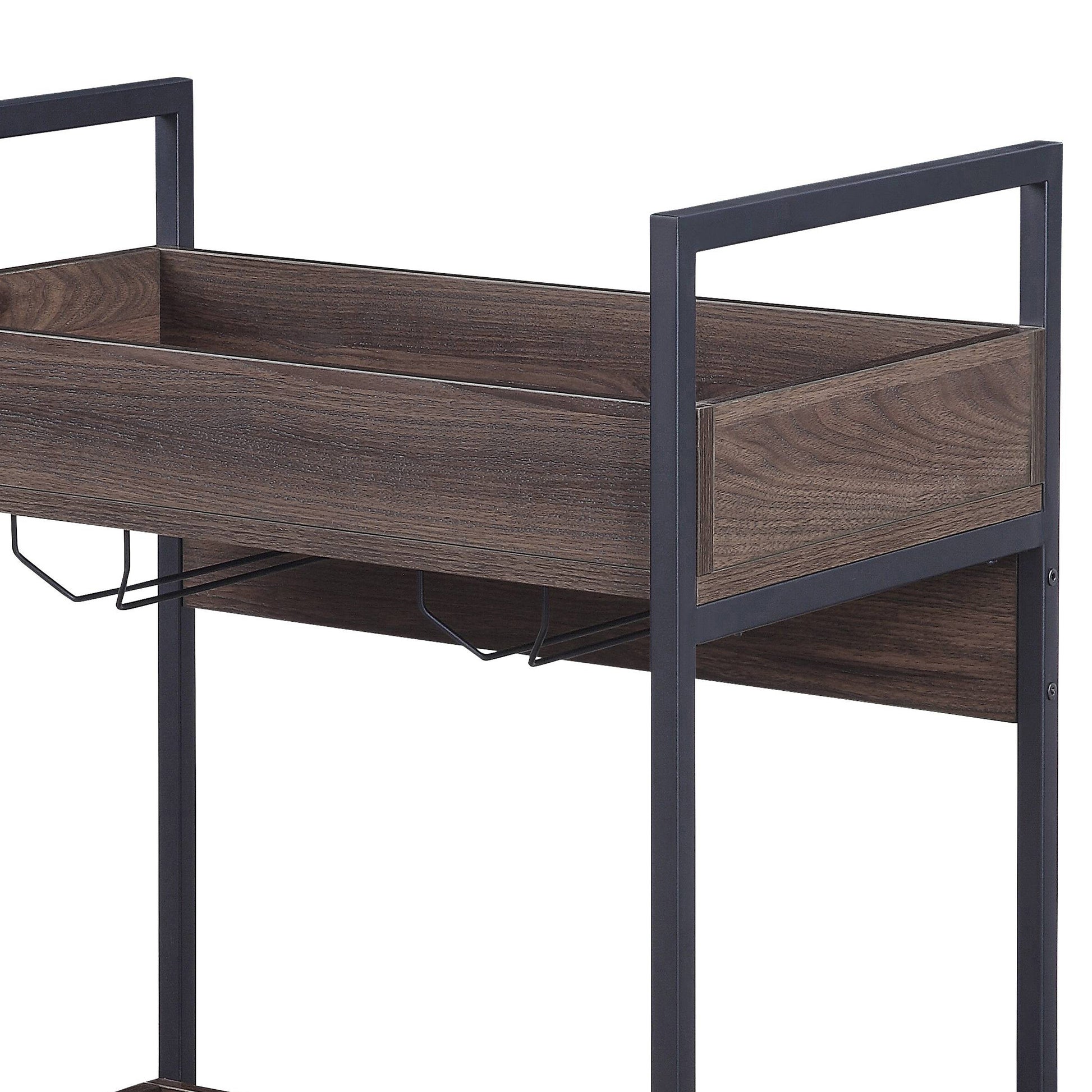 Dark wood wine rack with black metal frame and stemware holders