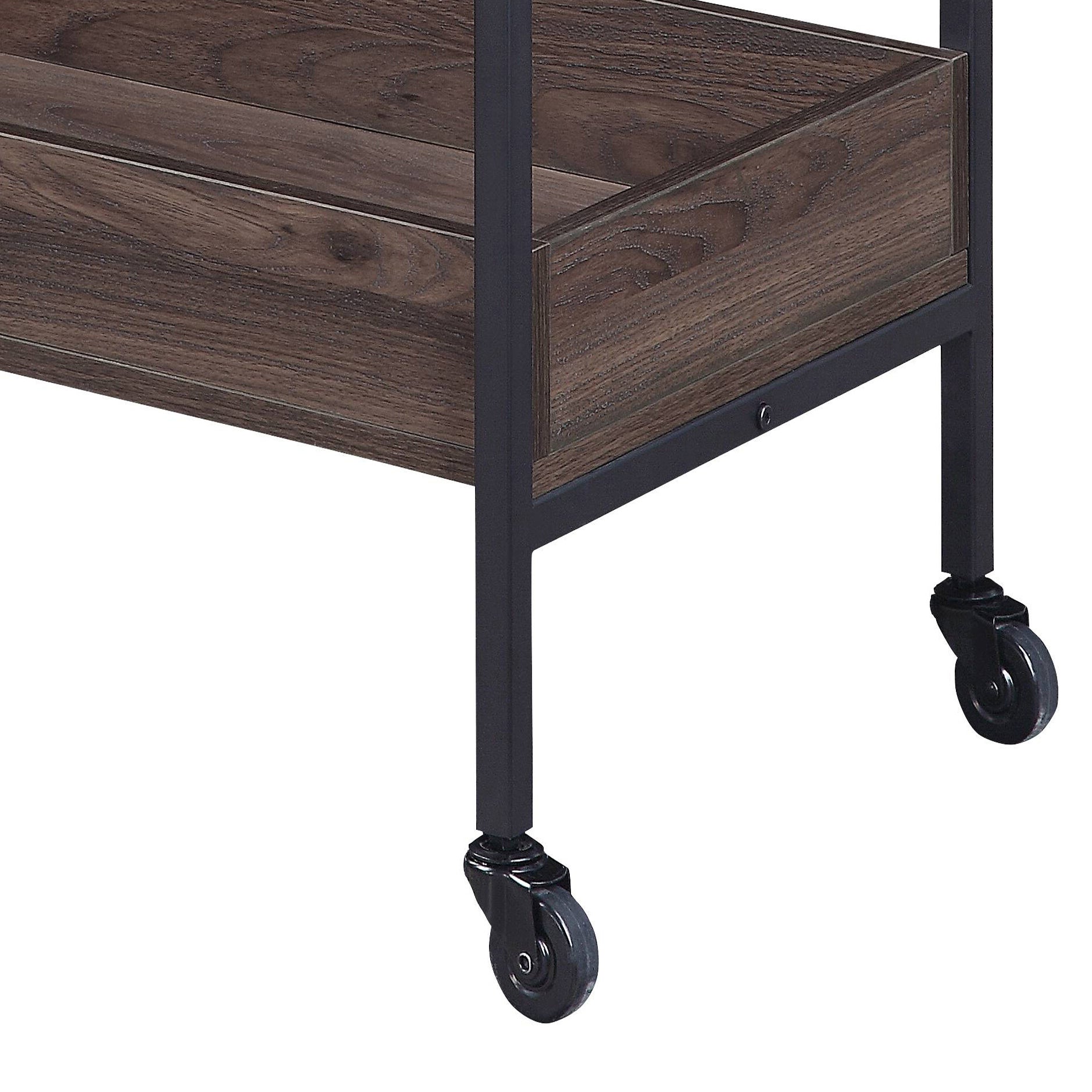 Rustic dark wood shelf on black metal frame with rolling casters for easy mobility