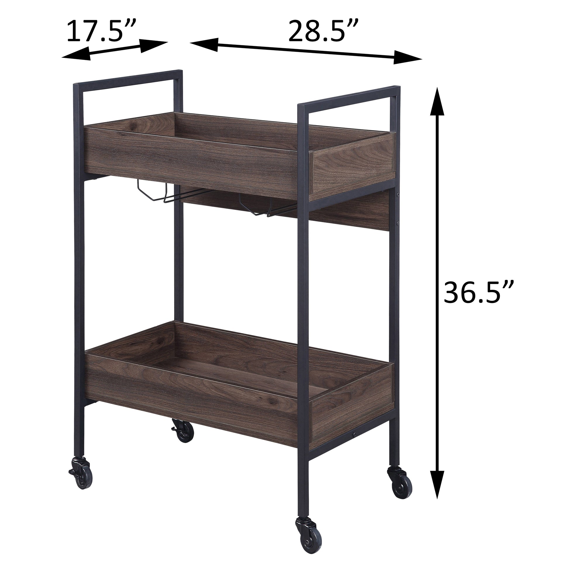 Twotier dark wood bar cart with black metal frame and wheels  W