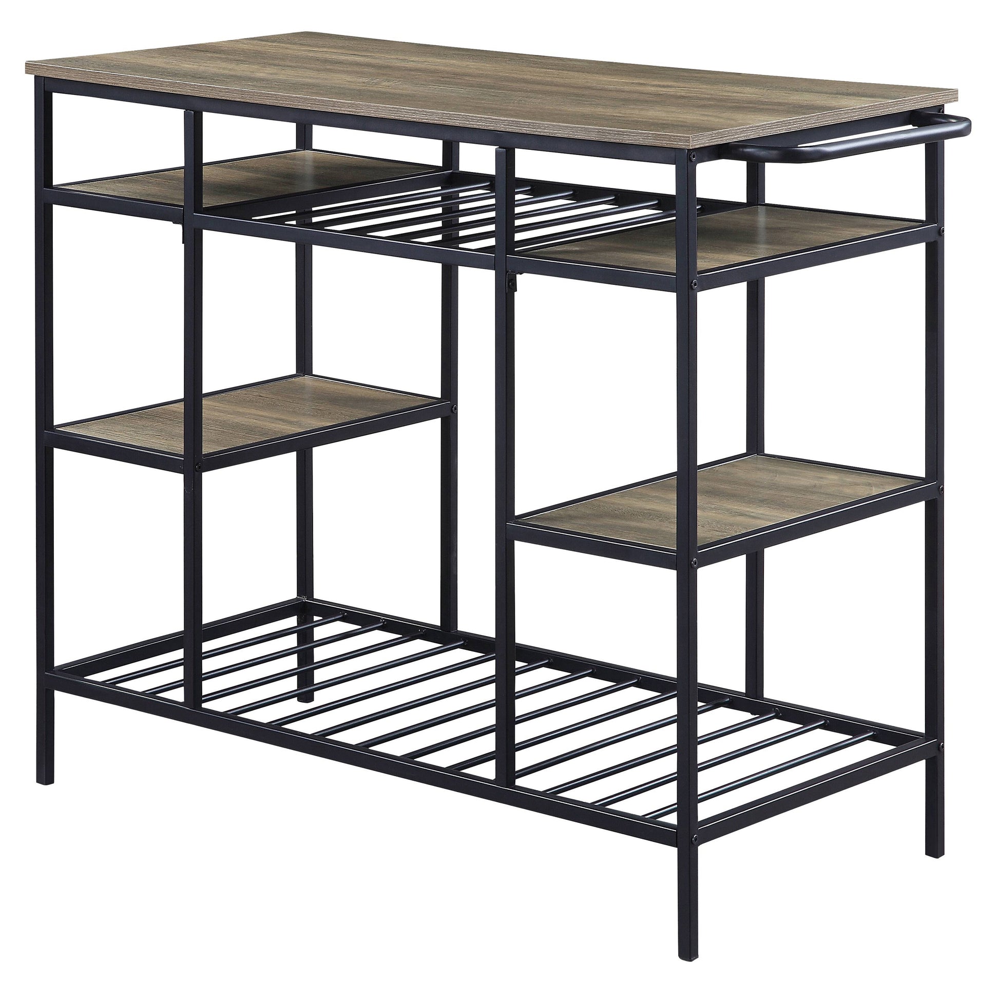Industrial kitchen island with rustic wood finish and black metal frame