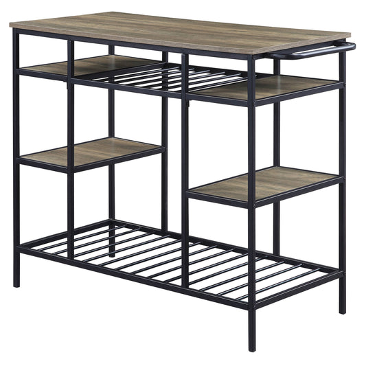 Industrial kitchen island with rustic wood finish and black metal frame