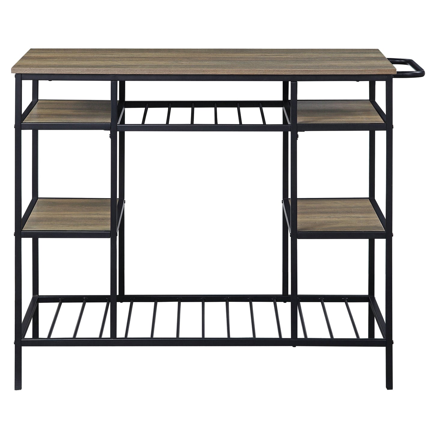 Rustic industrial kitchen island with wood top black metal frame and wine rack