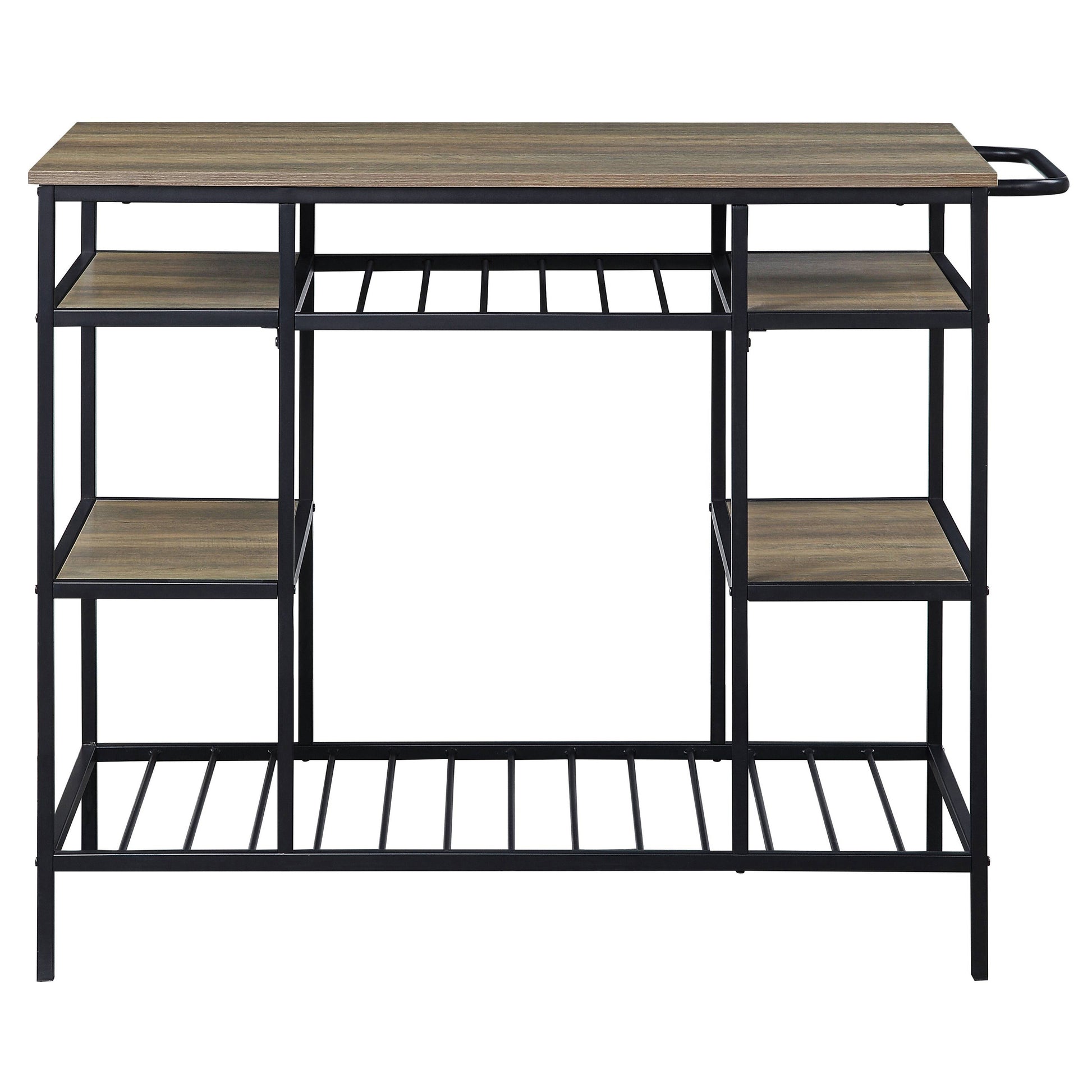 Rustic industrial kitchen island with wood top black metal frame and wine rack