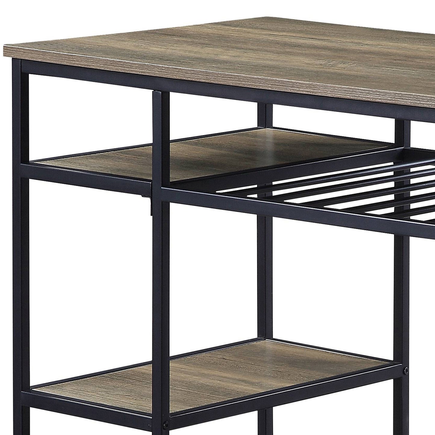Industrial style desk with rustic wood top and black metal frame  characters