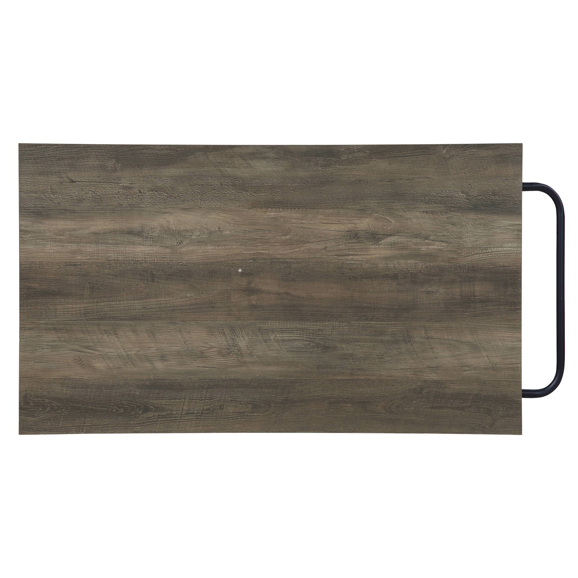 Rustic wood grain tabletop with dark metal leg detail