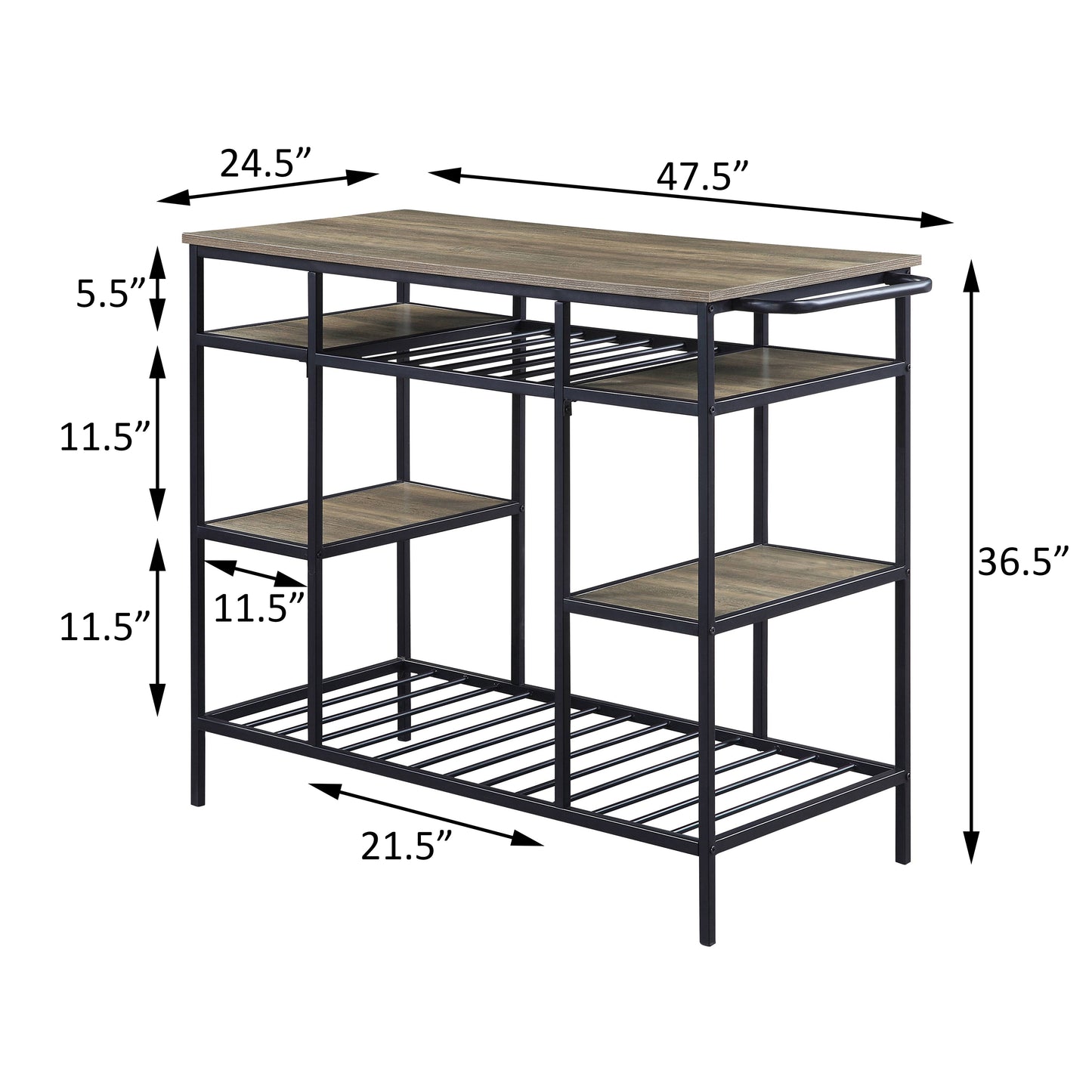 Rustic brown kitchen island with metal frame and multiple shelves  inches wide