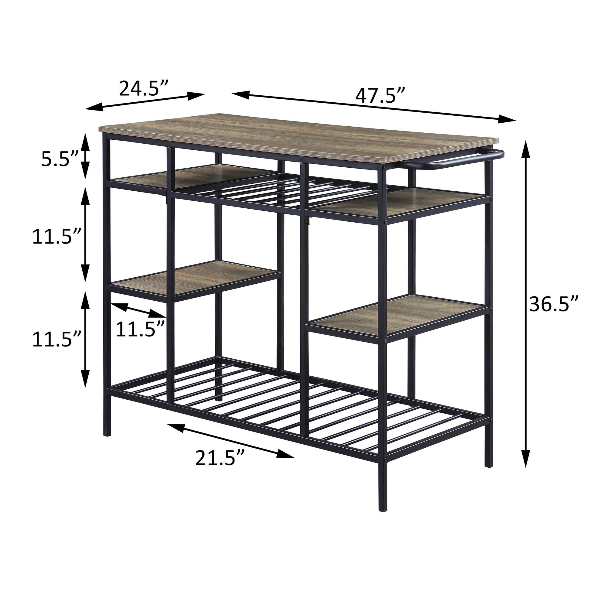 Rustic brown kitchen island with metal frame and multiple shelves  inches wide