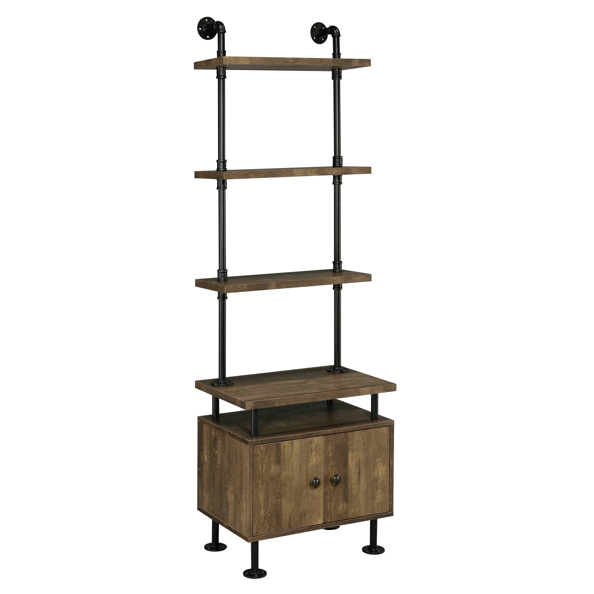 Industrial pipe bookshelf with five distressed wood shelves and black metal frame