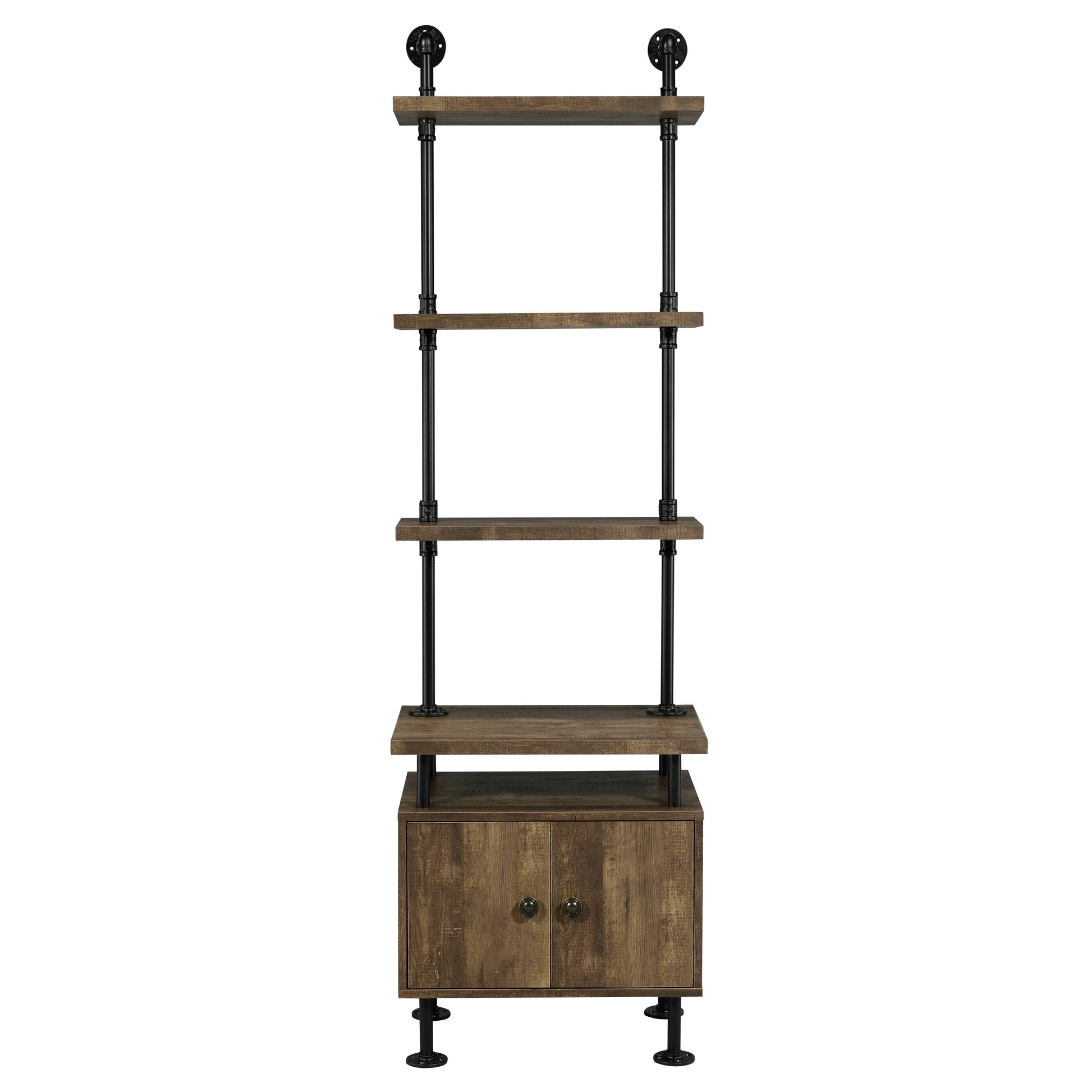 Tall industrial bookshelf with four wood shelves and a twodoor cabinet below