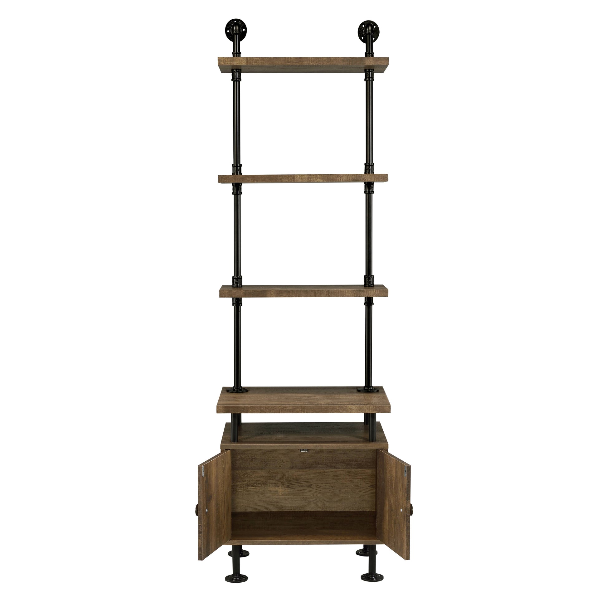 Industrial pipe bookshelf with dark wood shelves and a bottom cabinet  characters