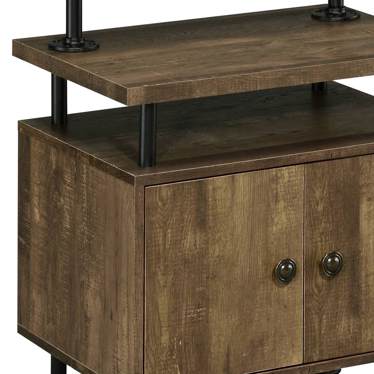 Rustic brown wood cabinet with black pipe legs and dual door fronts