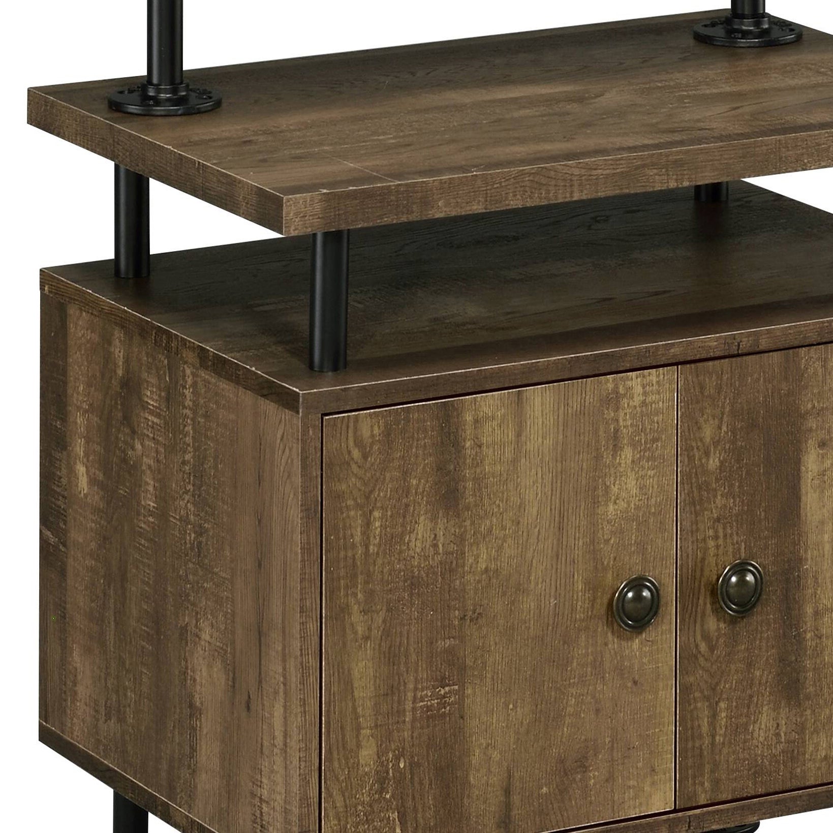 Rustic brown wood cabinet with black pipe legs and dual door fronts