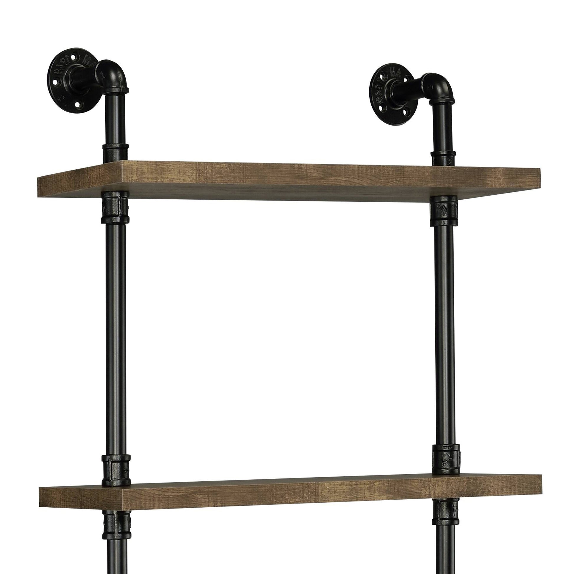 Industrial pipe shelf with weathered wood planks for rustic home decor