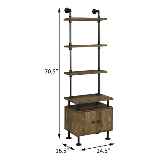 Rustic brown pipe bookshelf with four shelves and a twodoor cabinet base