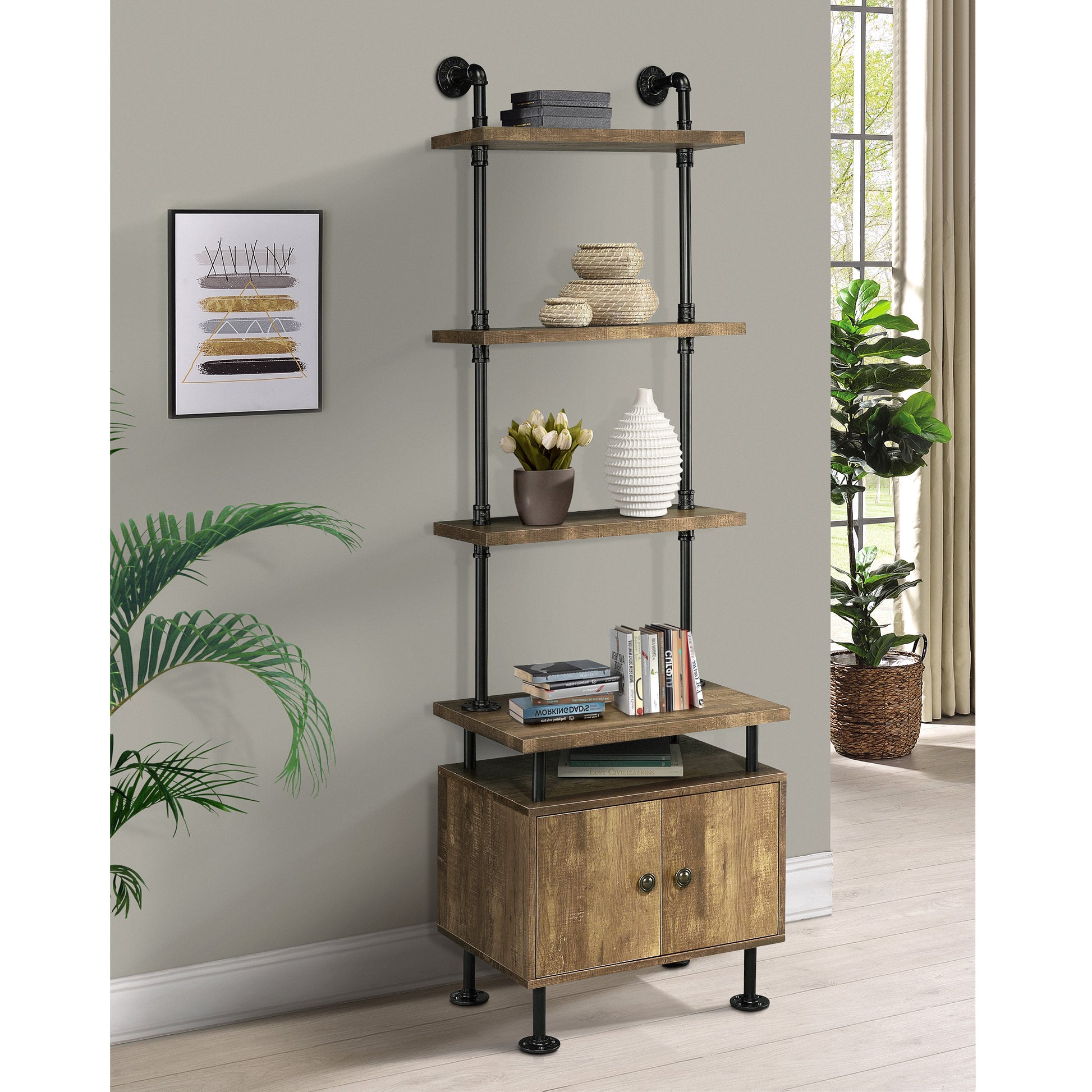 Rustic wood bookcase with black pipe accents featuring open shelves and a cabinet