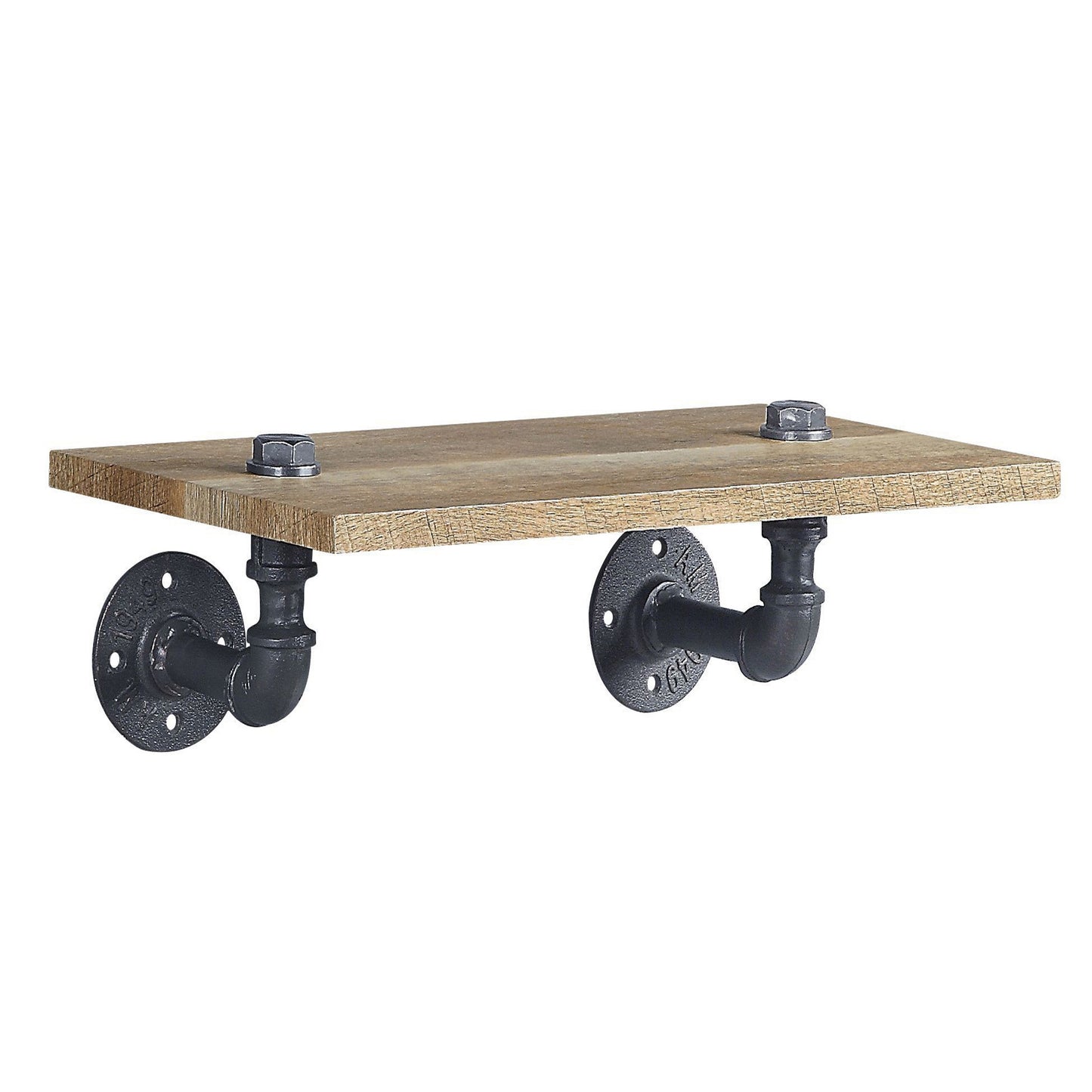 Industrial pipe shelf with distressed wood plank and black metal brackets