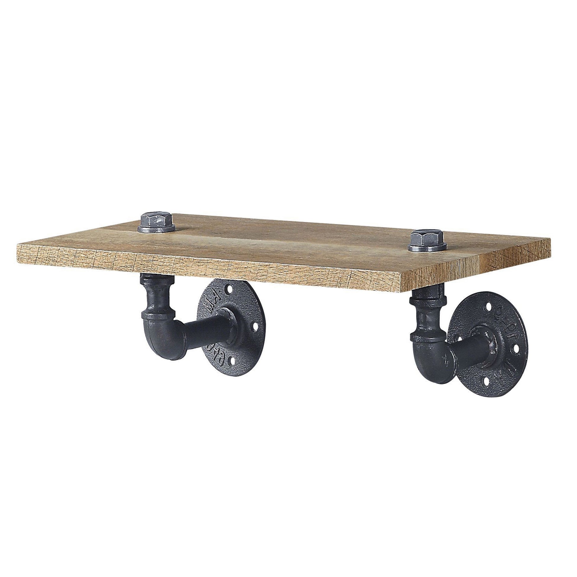 Rustic wooden shelf with industrial pipe brackets featuring a natural wood grain finish
