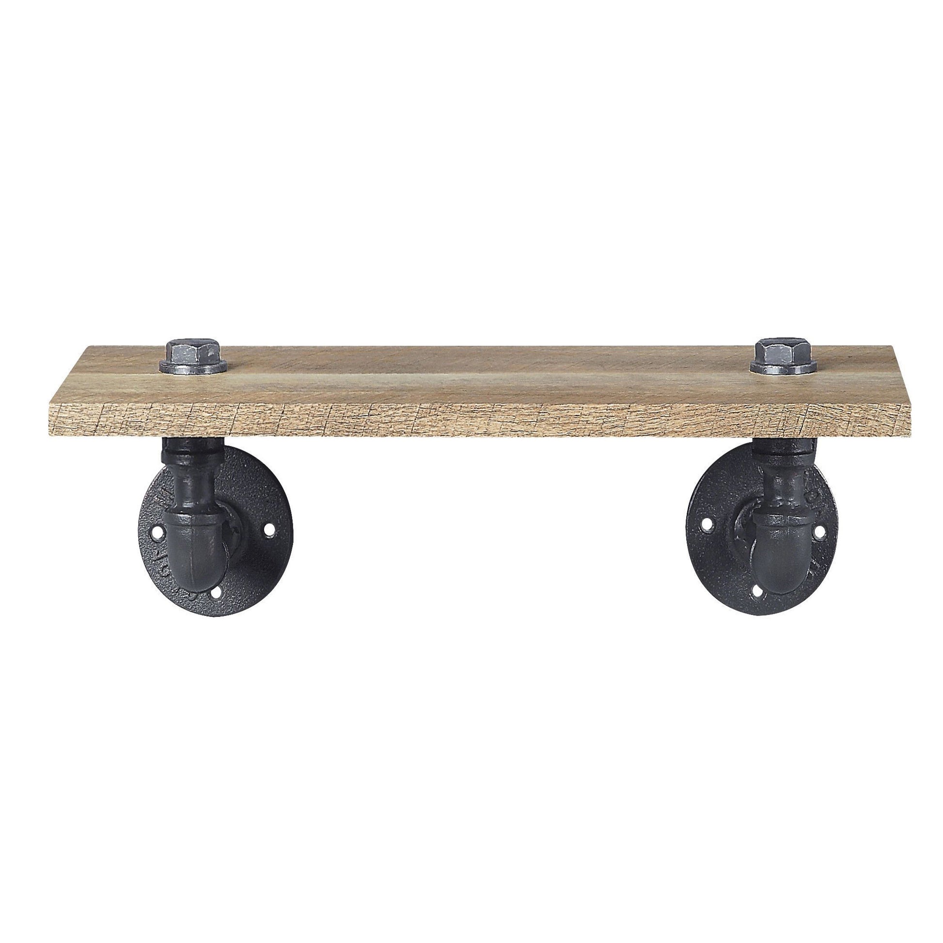 Rustic wooden shelf with industrial black pipe brackets suitable for home decor