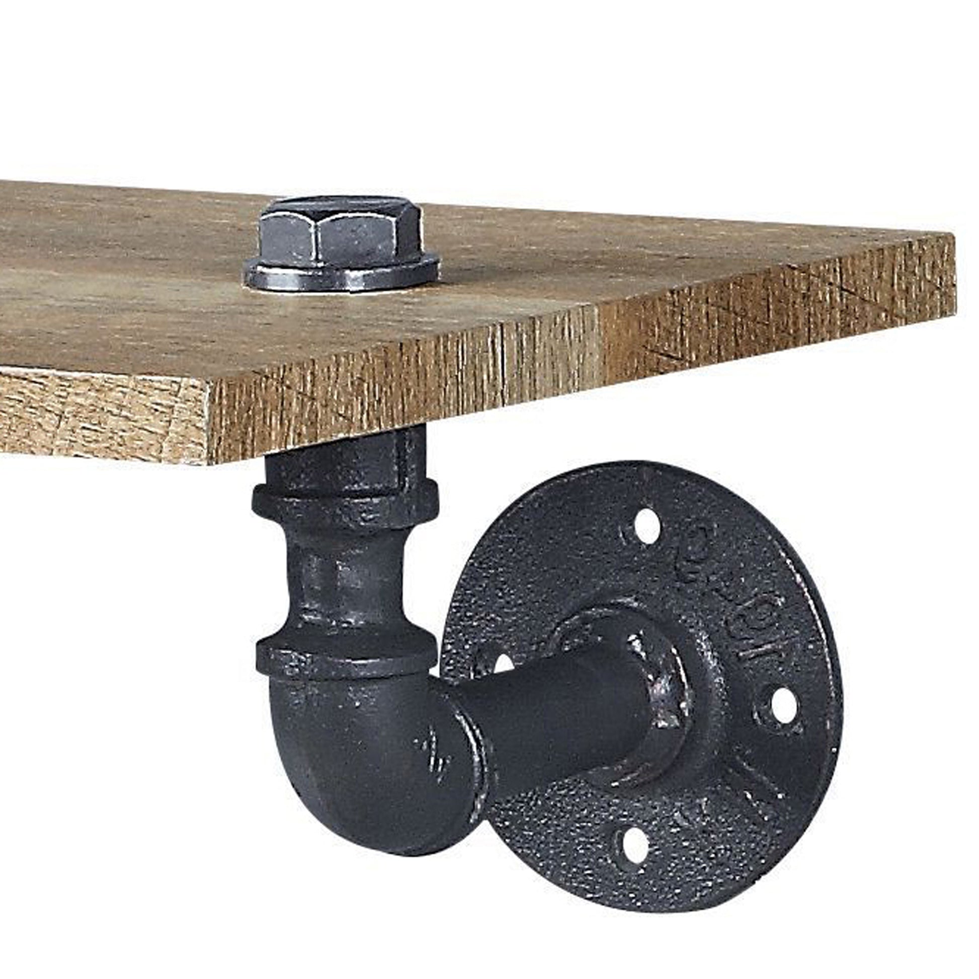 Rustic wooden shelf with black pipe bracket and hex bolt fixture