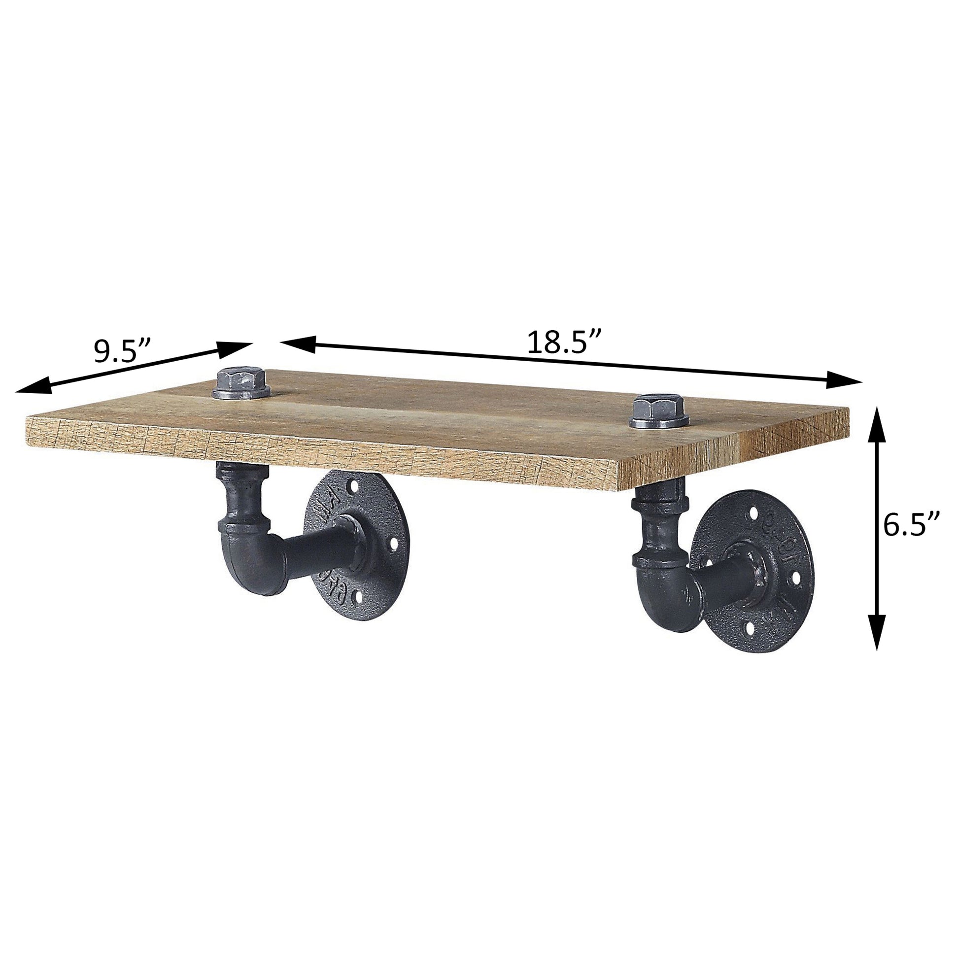 Industrial pipe shelf with rustic wood finish  inches long