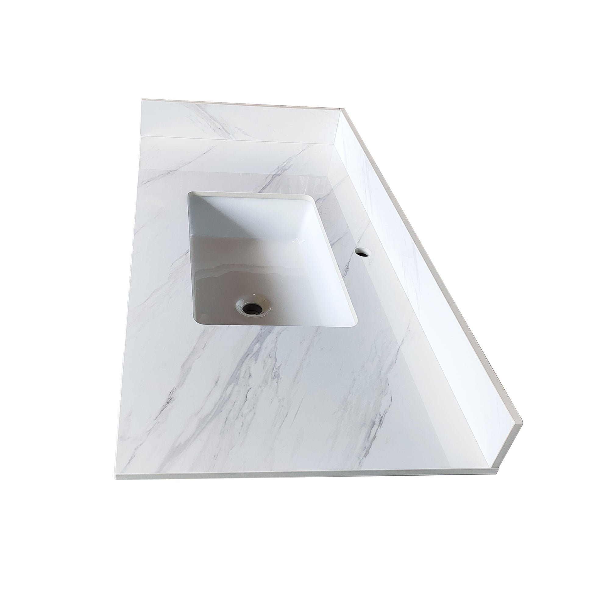 White marble vanity top with undermount sink and dual faucet holes