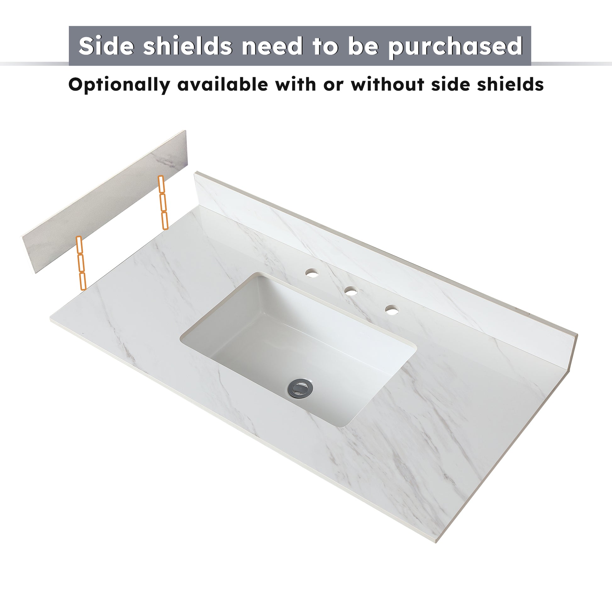 White marble vanity top with undermount sink and three faucet holes