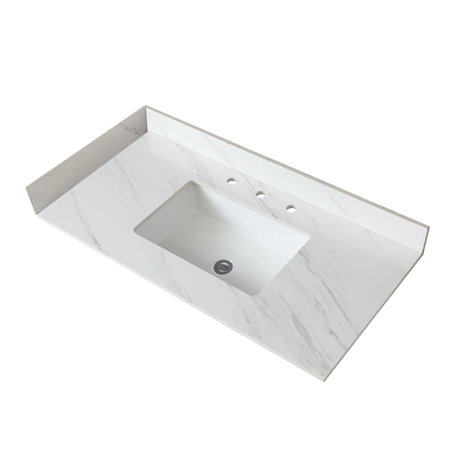 White marble bathroom vanity top with integrated sink and three faucet holes