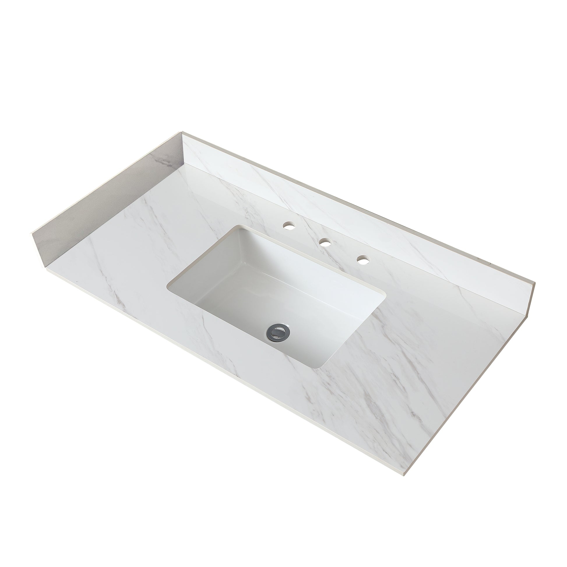 White marble bathroom vanity top with integrated sink and three faucet holes