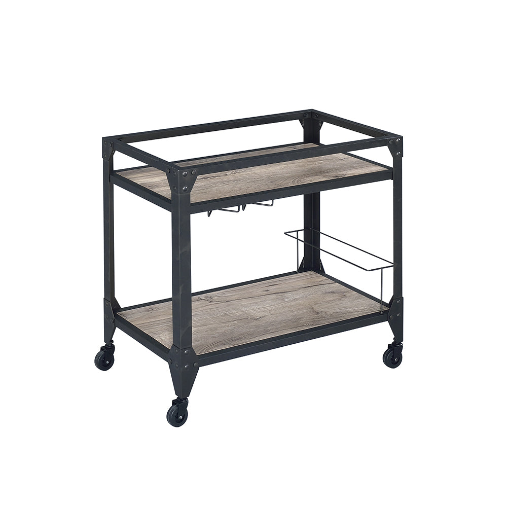 Rustic industrial bar cart with two woodgrain shelves and metal frame