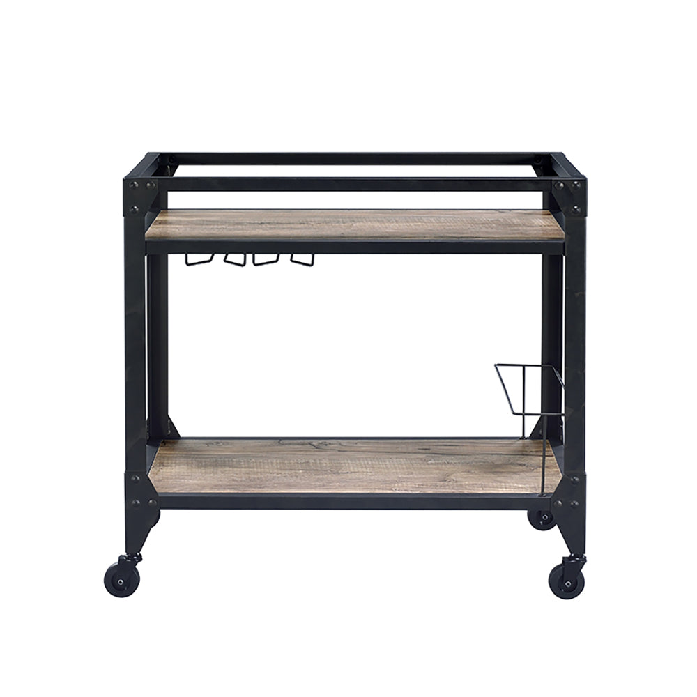 Industrial metal bar cart with rustic wood shelves and wine glass rack