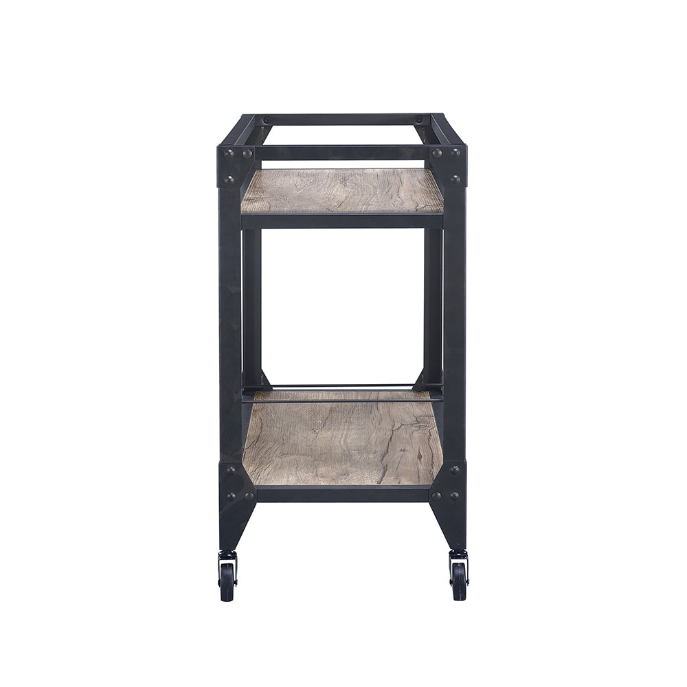 Industrial rolling bar cart with two rustic wood shelves and black metal frame