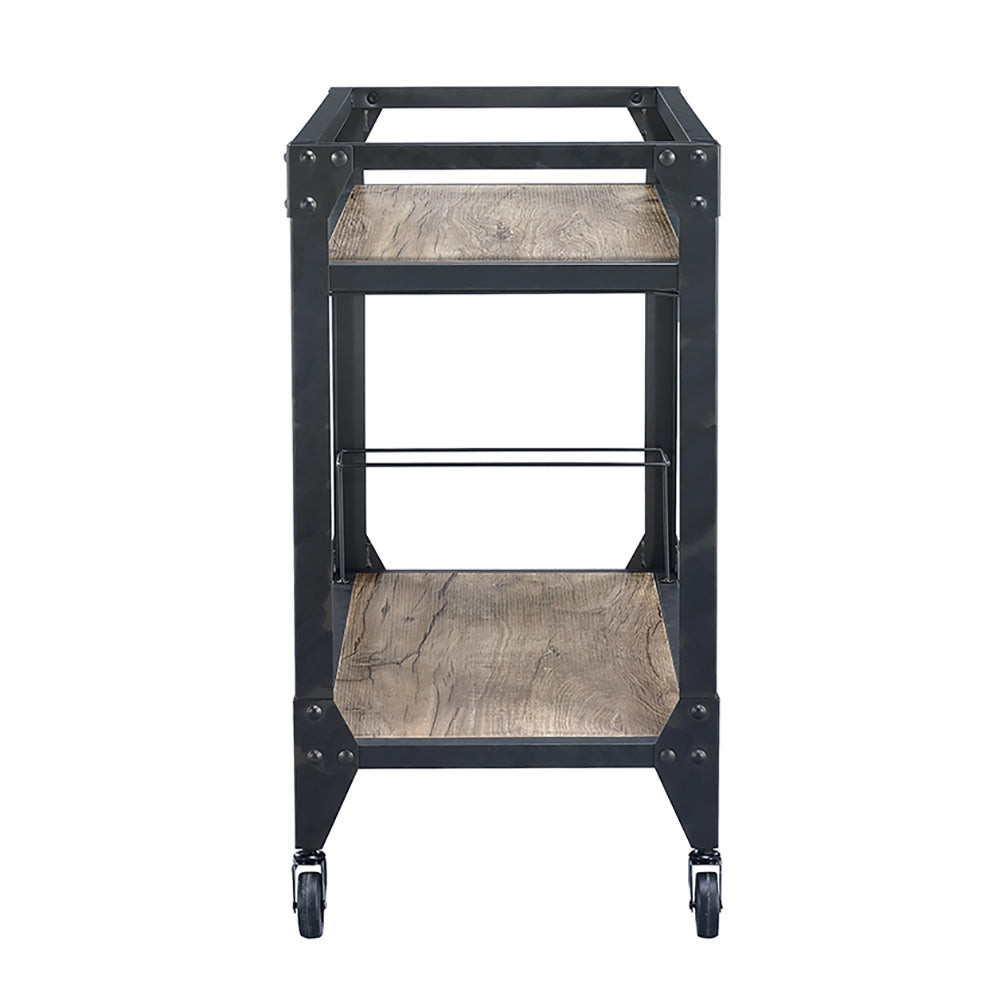 Industrial bar cart with rustic wood shelves and black metal frame on wheels