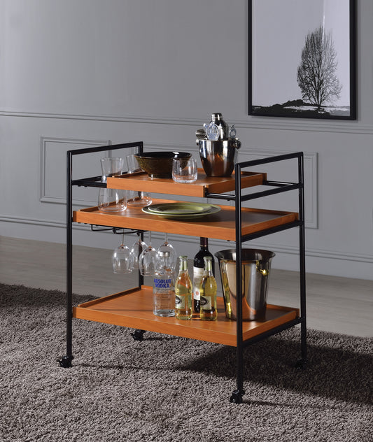 Modern black metal and wood serving cart with drinks and barware