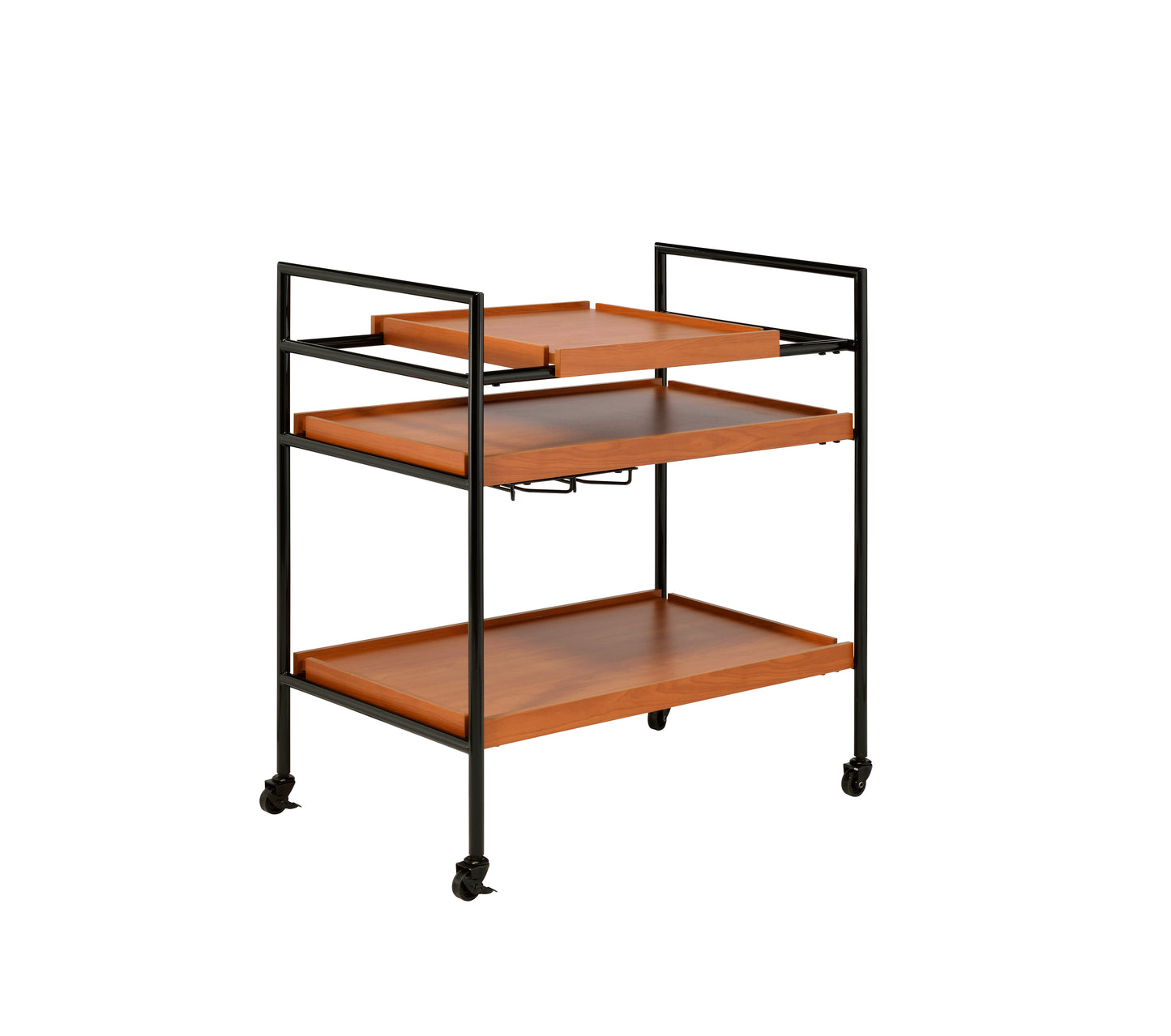 Midcentury modern bar cart with walnut finish shelves and black metal frame