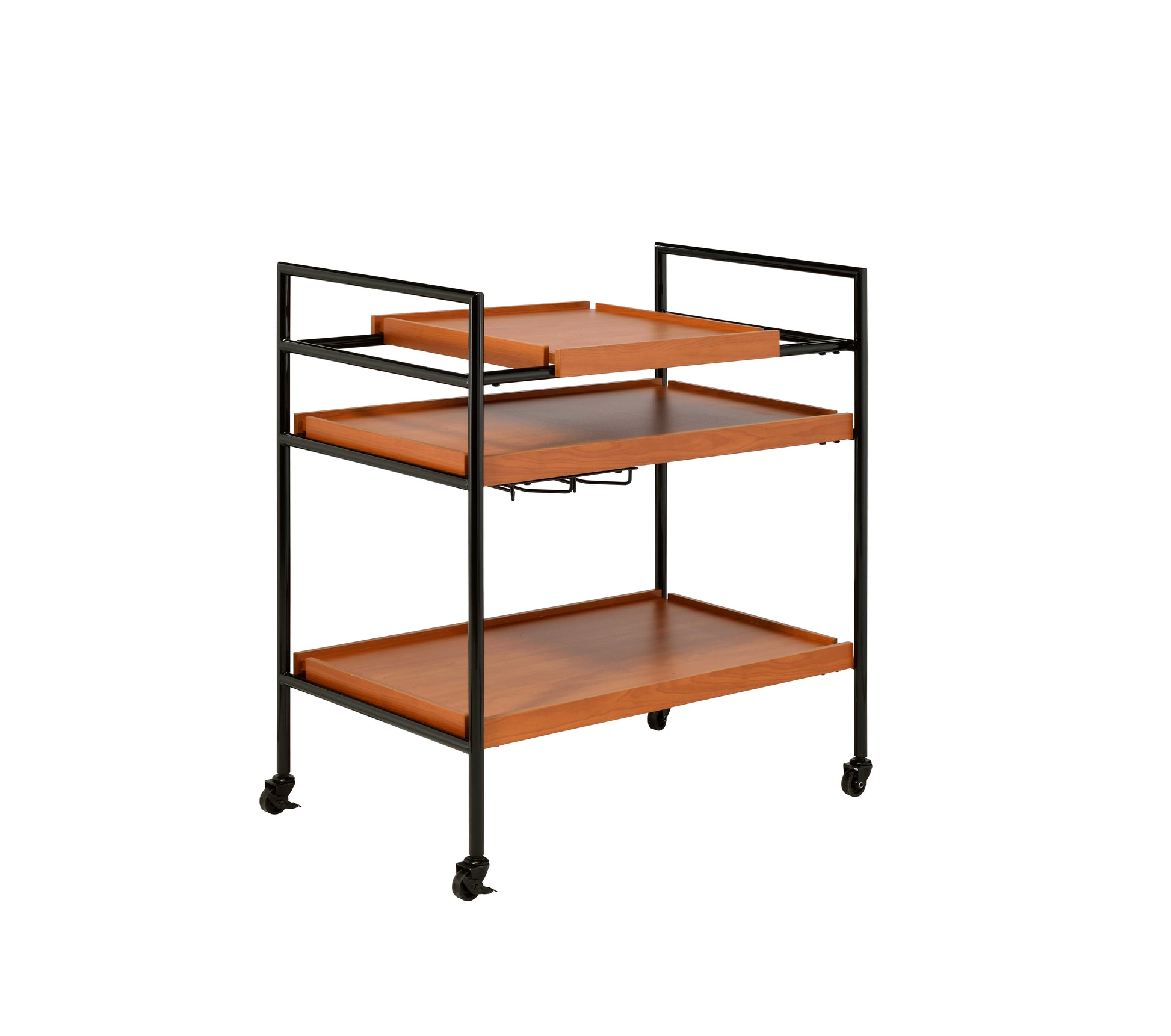 Midcentury modern bar cart with walnut finish shelves and black metal frame