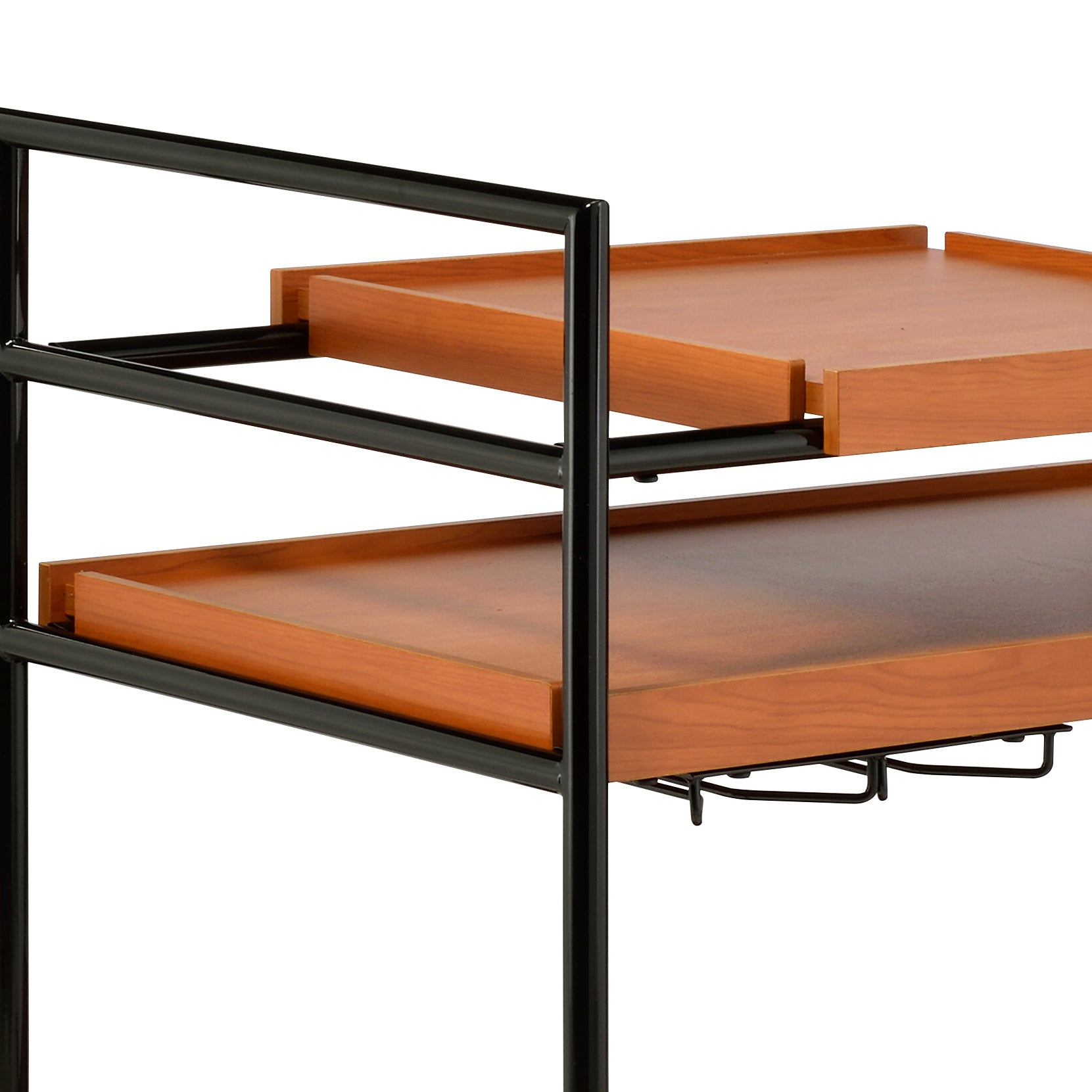 Black metal bar cart with two cherry wood shelves and integrated wine glass rack
